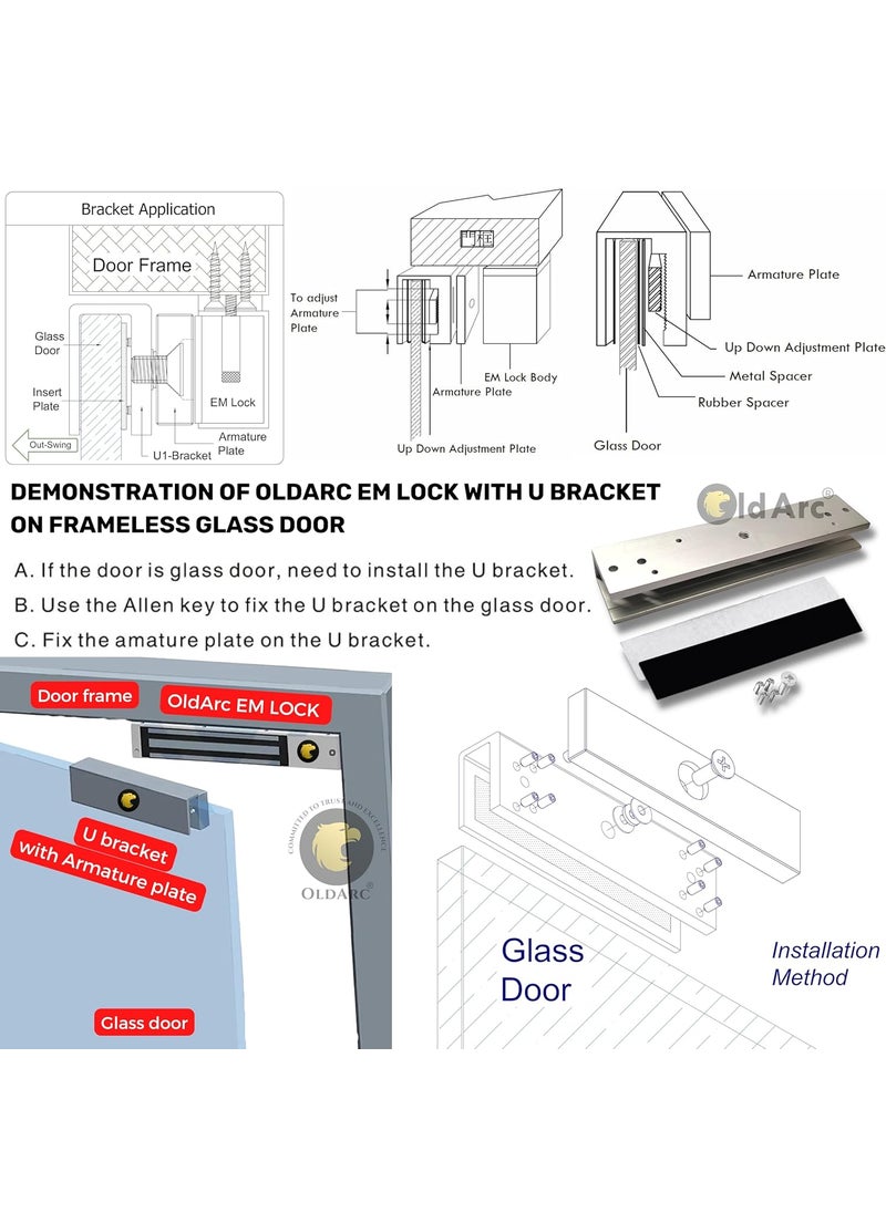 OldArc OldArc EM Magnetic Lock U Bracket Electro Magnetic Lock Glass Door600LBS EM Lock For Glass Door With U Shape Bracket2 Wire EM Lock Metal Wooden Frame Door Access Control Electric Magnetic Lock  - Image 4