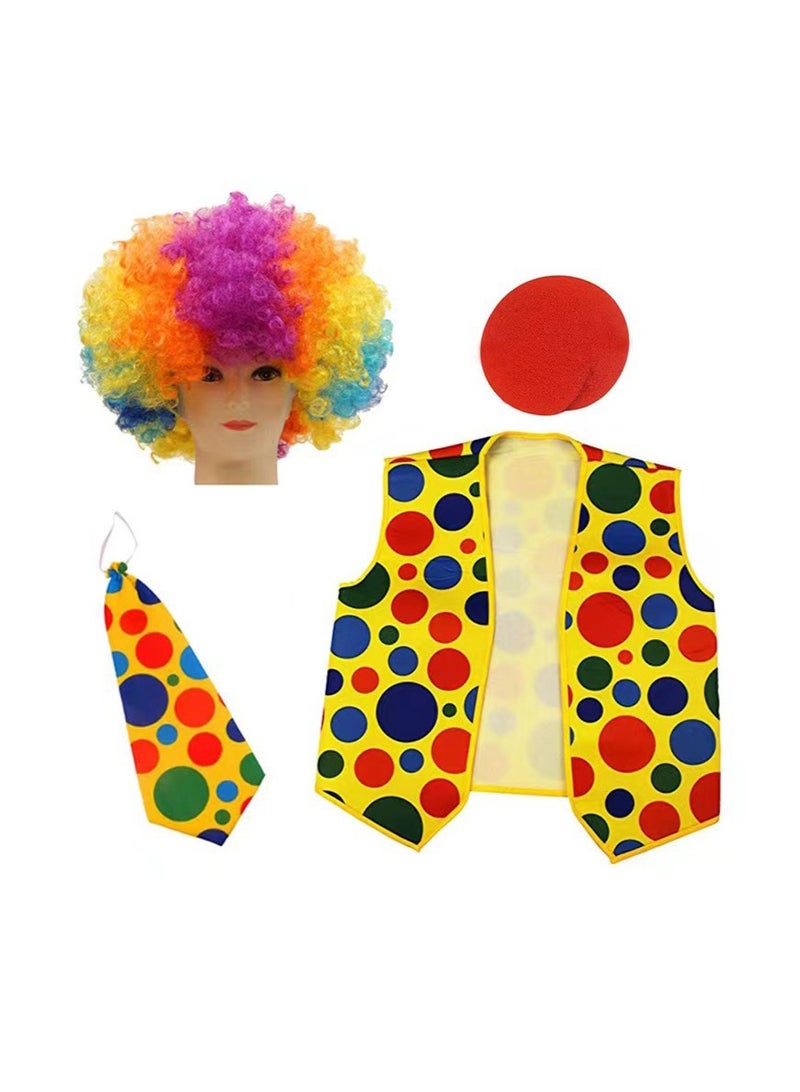 تابيت 4 قطع / مجموعة لوازم زي المهرج للأطفال والكبار ، بما في ذلك الأنف الأحمر المهرج ، الباروكة قوس قزح ، ربطة الرقبة والسترة ، الملابس المهرج لحفلات الهالوين كوسبلاي - Image 1