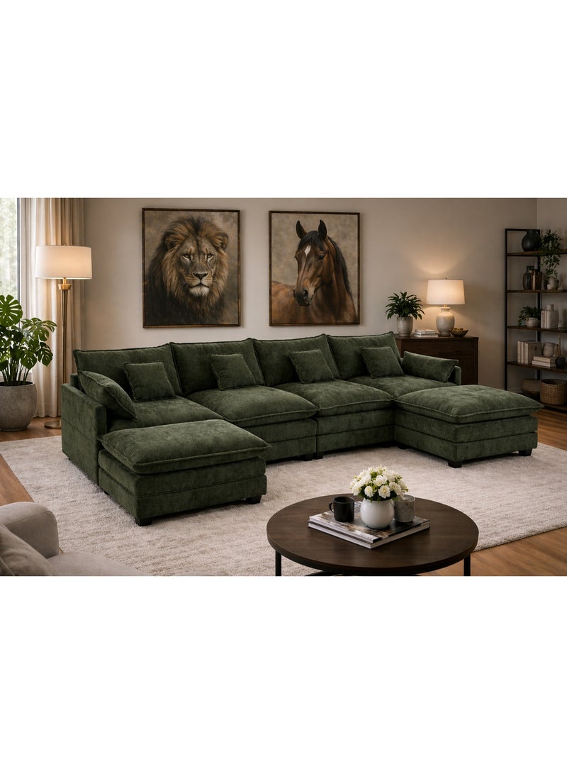 Modern Green U Shape Sectional Sofa Large Comfortable Fabric Living Room Corner Couch Set - Image 2