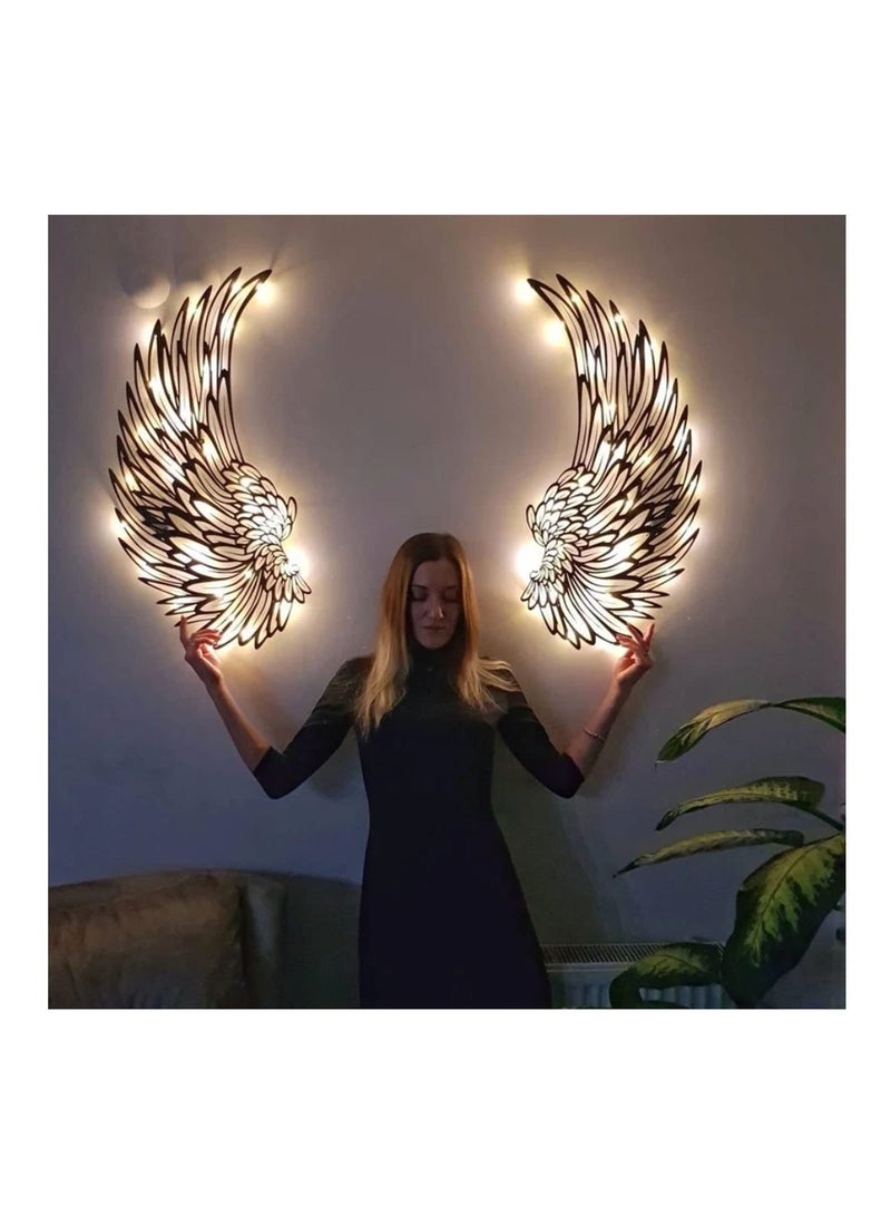Excefore 1 زوج من أجنحة الملائكة فن جدار تزيين مع أضواء LED، أجنحة الملائكة المعدنية ثلاثية الأبعاد تماثيل جدارية، فنية قابلة للتعليق للمنزل غرفة النوم غرفة المعيشة الحديقة المكتب المتجر - Image 4
