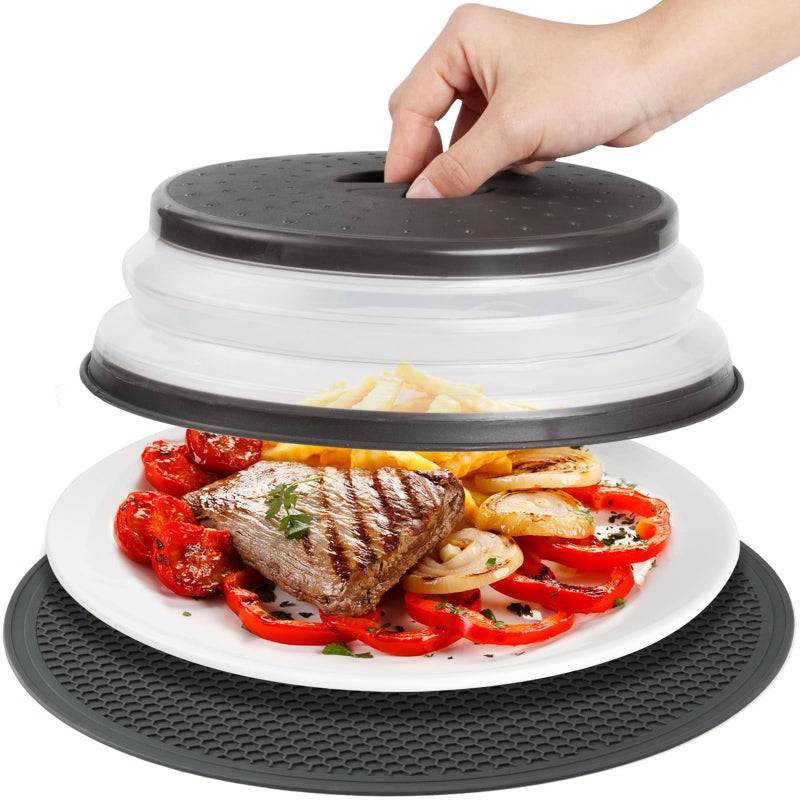 MAGJIUKE Microwave Splatter Cover Silicone Mat Collapsible Vented Reusable Food Guard and Plate Cover with HeatResistant Trivet for Pots Pans and Kitchen Counter Black