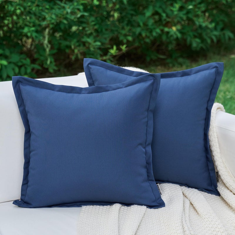 LIGICKY Navy Blue Outdoor Waterproof Pillow Covers 18x18 Inch Pack of 2 Decorative Square Solid Color Pillows with Wide Edge Cushion Cover for Patio Tent Garden Couch Balcony