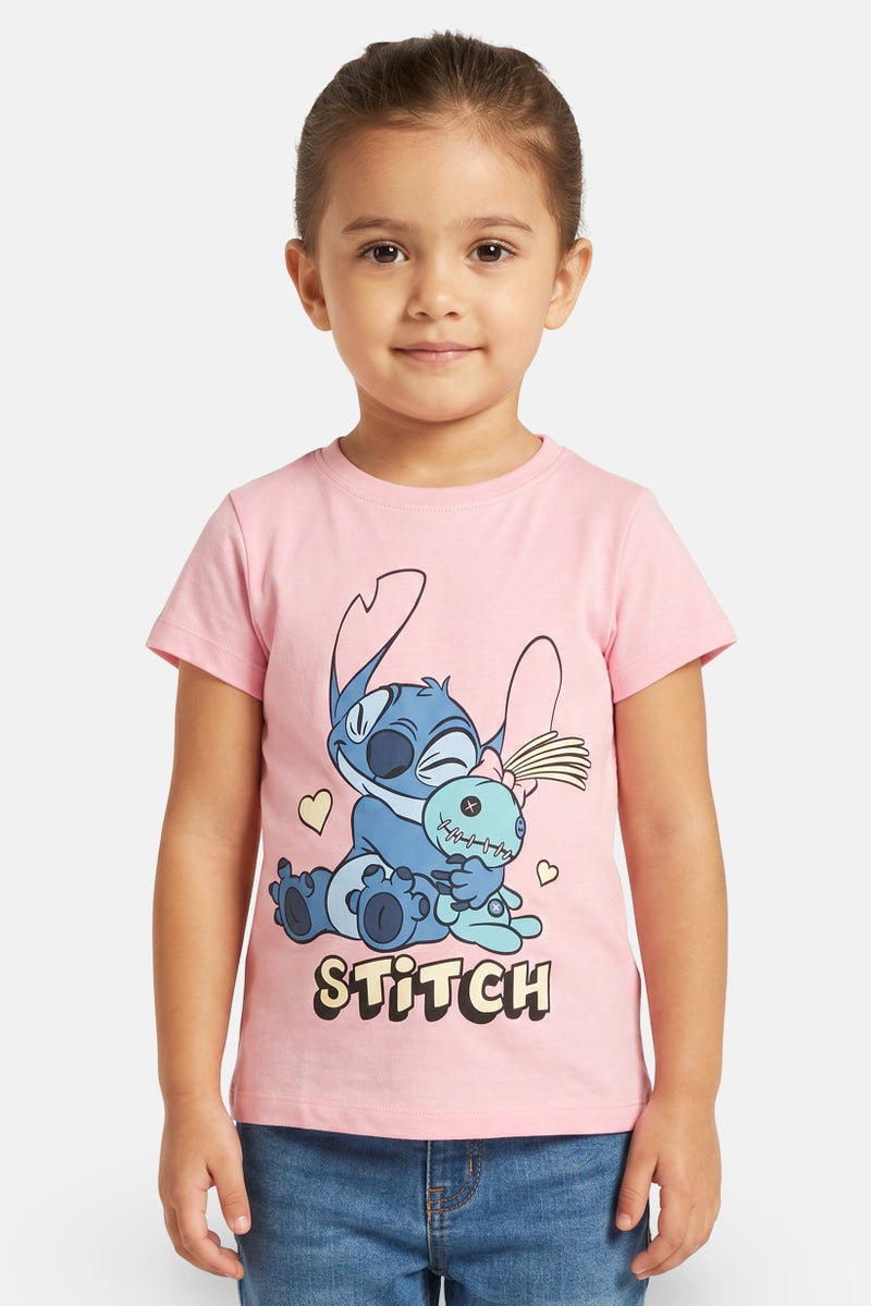 Disney Toddlers Girl Crew Neck Short Sleeve Lilo And Stitch Print T-Shirt, Pink - Image 1