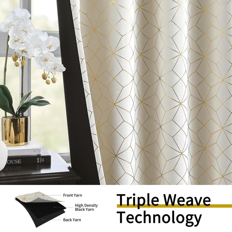 Beauoop 100% Blackout Curtains 84 Inches Long for Bedroom Living Room Moroccan Gold Patterned Drapes Thermal Insulated Grommet Top Window Treatment Panels Set of 2, Beige/Gold - Image 3