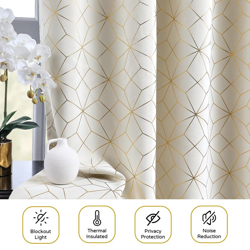 Beauoop 100% Blackout Curtains 84 Inches Long for Bedroom Living Room Moroccan Gold Patterned Drapes Thermal Insulated Grommet Top Window Treatment Panels Set of 2, Beige/Gold - Image 5