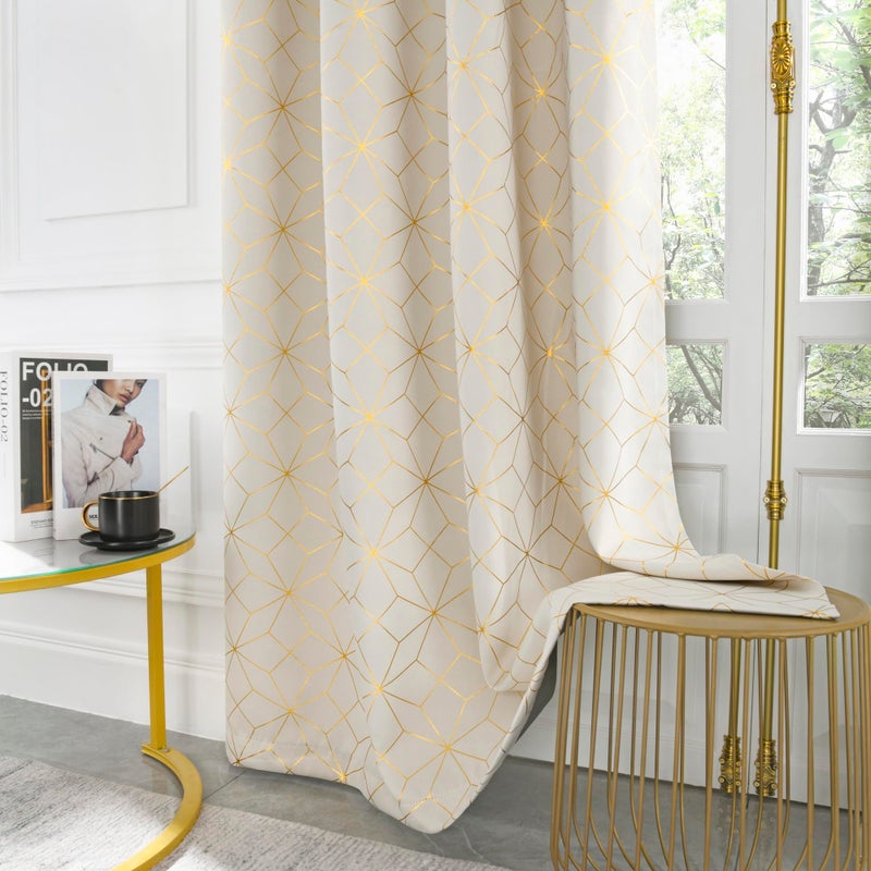 Beauoop 100% Blackout Curtains 84 Inches Long for Bedroom Living Room Moroccan Gold Patterned Drapes Thermal Insulated Grommet Top Window Treatment Panels Set of 2, Beige/Gold - Image 4