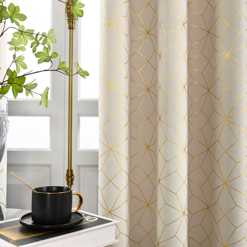 Beauoop 100% Blackout Curtains 84 Inches Long for Bedroom Living Room Moroccan Gold Patterned Drapes Thermal Insulated Grommet Top Window Treatment Panels Set of 2, Beige/Gold - Image 1
