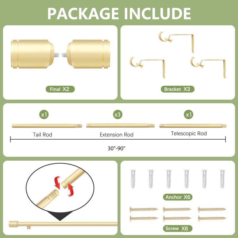 Edidonson 5/8â€ Diameter Curtain Rods 30-90 Inch, for 30-84 Inch Windows, Adjustable Splicing Gold Curtain Rods for Windows with Brackets, Window Rod Long Small Curtains Rod - Image 3