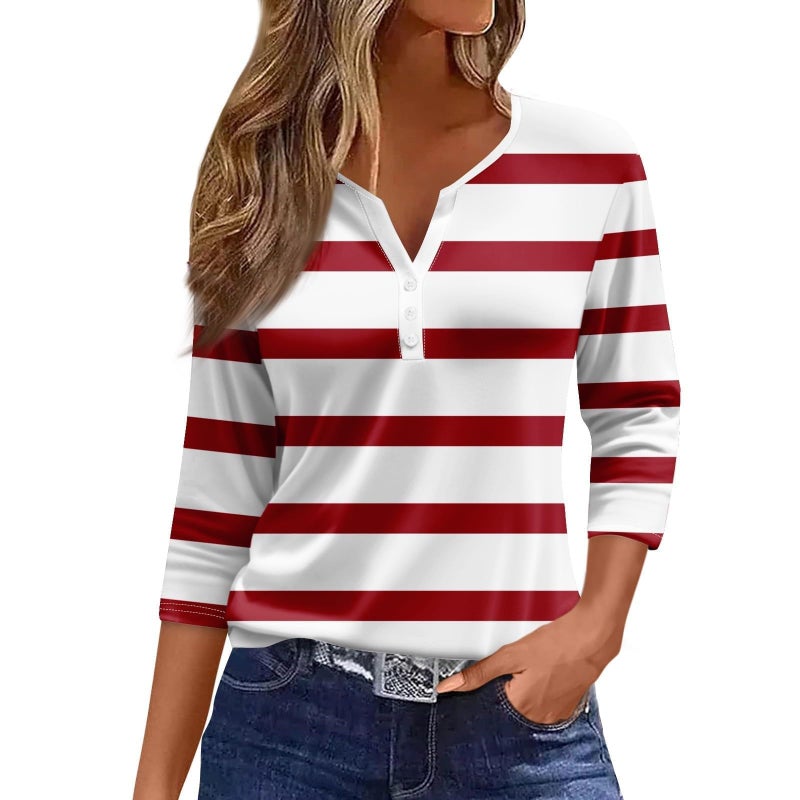 LilyCoco Womens 3/4 Sleeve Striped V Neck T Shirts Tunic Casual Button Shirt White Medium - Image 1