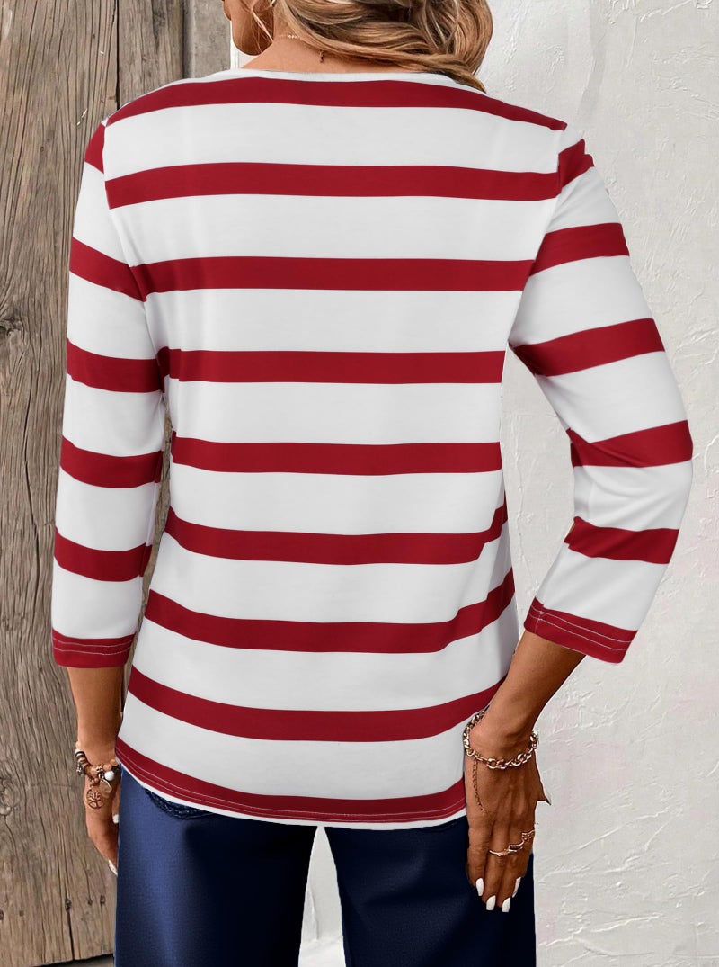 LilyCoco Womens 3/4 Sleeve Striped V Neck T Shirts Tunic Casual Button Shirt White Medium - Image 2
