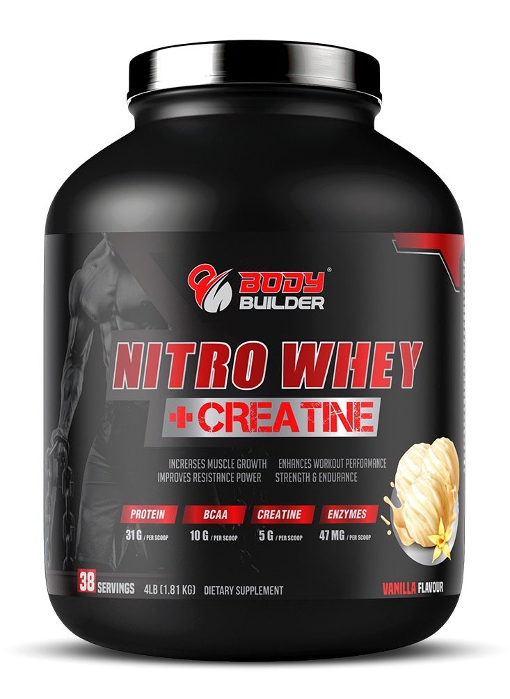 Body Builder Body Builder Nitro Whey Protein Plus Creatine, Blend Whey Protein Concentrated and Isolated,Contains Digestive Enzymes, Vanilla Flavor, 4 Lbs  - Image 1