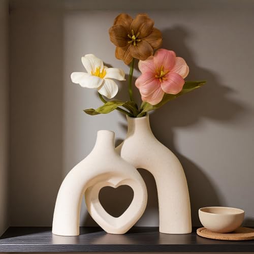 Liotww Snuggle Hollow Hug Donut Ceramic Vase, 8.3 Inch Modern Nordic Boho Style Aesthetic Decorative Flower Vases for Home Decor Pottery Barn Dining Living Room Table Shelf (Milky White) - Image 4