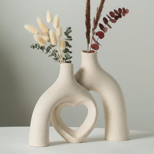 Liotww Snuggle Hollow Hug Donut Ceramic Vase, 8.3 Inch Modern Nordic Boho Style Aesthetic Decorative Flower Vases for Home Decor Pottery Barn Dining Living Room Table Shelf (Milky White) - Image 1