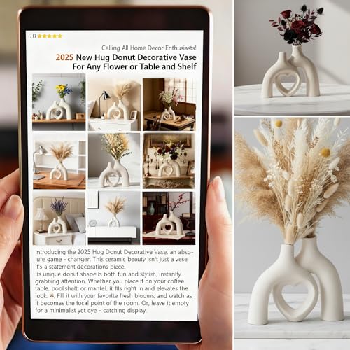 Liotww Snuggle Hollow Hug Donut Ceramic Vase, 8.3 Inch Modern Nordic Boho Style Aesthetic Decorative Flower Vases for Home Decor Pottery Barn Dining Living Room Table Shelf (Milky White) - Image 2