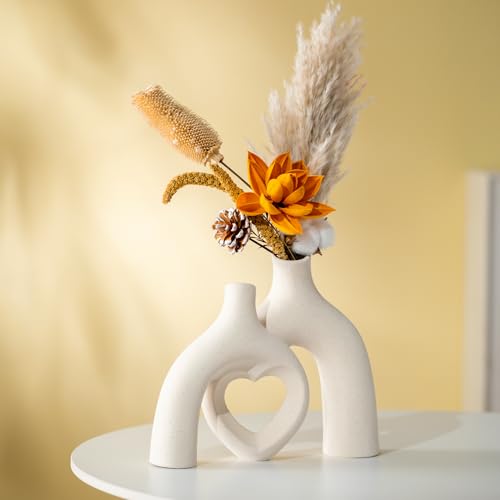 Liotww Snuggle Hollow Hug Donut Ceramic Vase, 8.3 Inch Modern Nordic Boho Style Aesthetic Decorative Flower Vases for Home Decor Pottery Barn Dining Living Room Table Shelf (Milky White) - Image 3
