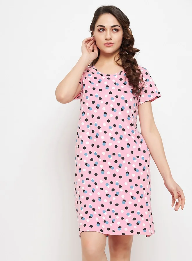 Clovia Clovia Dot Print Short Night Dress in Baby Pink - 100% Cotton
