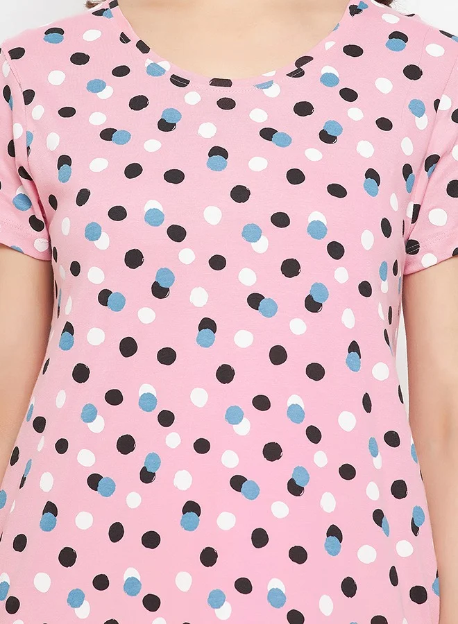 Clovia Clovia Dot Print Short Night Dress in Baby Pink - 100% Cotton