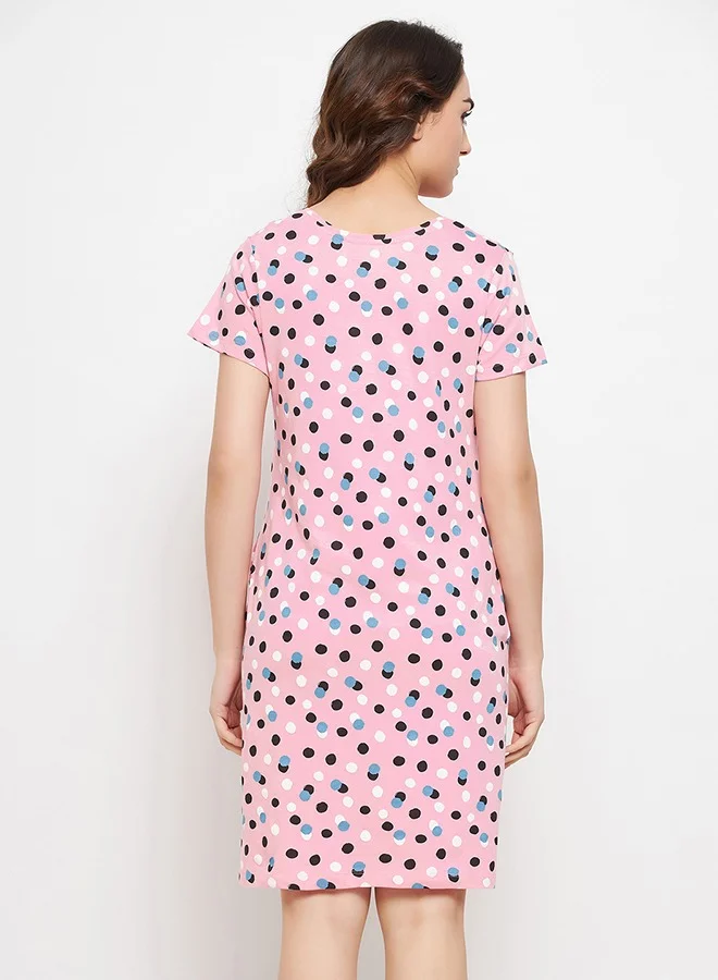 Clovia Clovia Dot Print Short Night Dress in Baby Pink - 100% Cotton