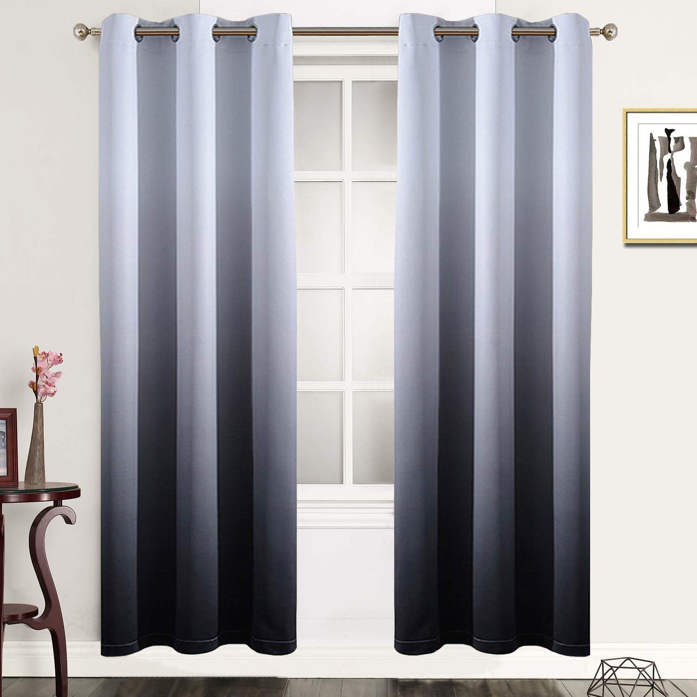 Gradient Color Ombre Blackout Curtains Thickening Polyester Eyelet Top Panels Thermal Insulated Grommet Window Drapes for Living RoomBedroom Black 42W x 72L 2 Panels