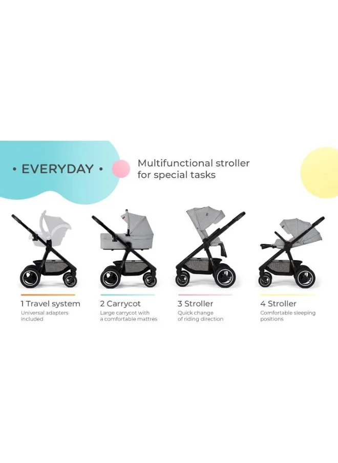Kinderkraft Multifunctional Pushchair 2In1 Everyday, Baby Pram, With Xl Carrycot, For All Terrain, Waterproof Upf50+ Material, Foldable, Easy To Transport, Practical Accessoires, Up To 22Kg - Dark Grey