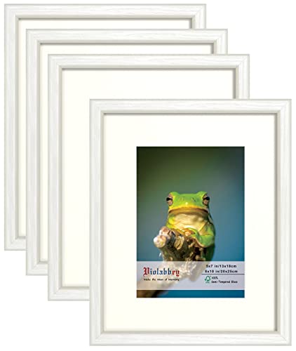 VIOLABBEY 8x10 Picture Frame White Set of 4, Display 5x7 with Mat or 8x10 without Mat, Wall Mount or Table Top, HD Real Glass - Image 1