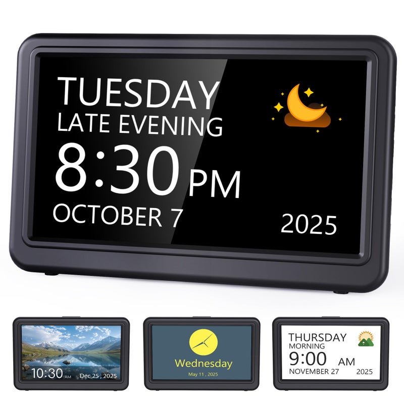 Raynic Date Clock, Digital Clock with 12 Themes, 20 Alarms, 20 Reminders, Semi-Automatic Dimming, 12/24 Hours, Auto DST Clock for Seniors Desktop, Office, Students (Black, 7 Inches) - Image 1