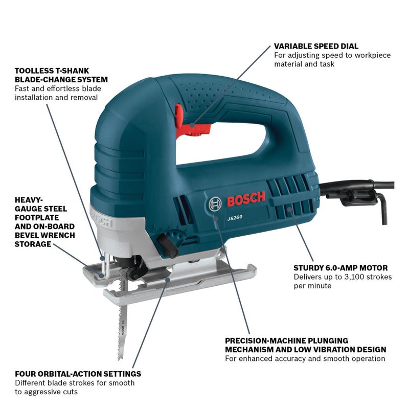 BOSCH JS260 Top-Handle Jig Saw - 6.0 Amp Motor, Variable Speed Control, Low-Vibration Plunging Design, Toolless Blade Change System - Ideal for Accurate and Smooth Cutting - Image 2