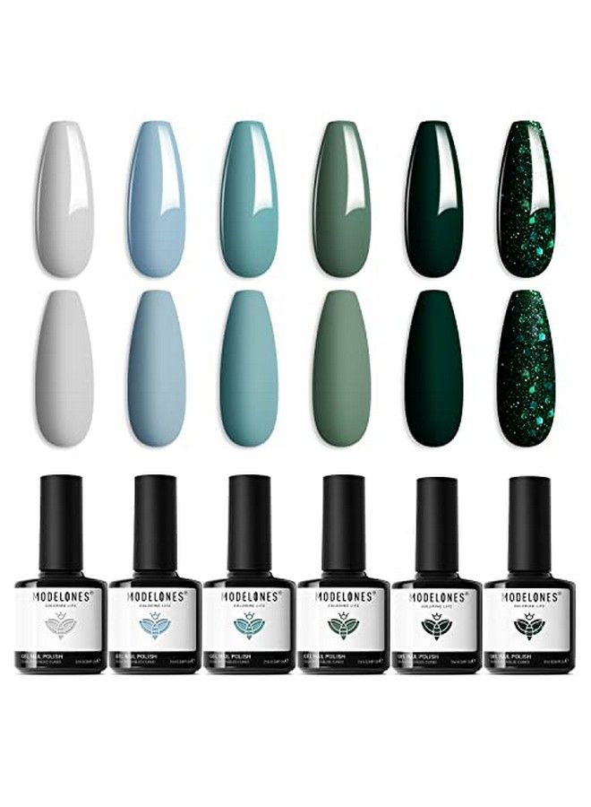 modelones Gel Nail Polish Set Blue Green 6 Colors Gel Polish Sage Green Nail Polish Gel Dark Green Glitter Misty Gray Nail Gel Baby Blue Soak Off Led Gel Nail Kit Manicure Gifts Diy Salon For Women - Image 1