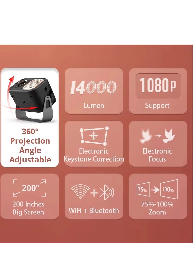 V11 Mini Portable Projector,  , Electronic Focus 360°, ±45° Keystone, 14000 Lumens  WiFi Bluetooth, Home for Phone/PS5/USB/HDMI