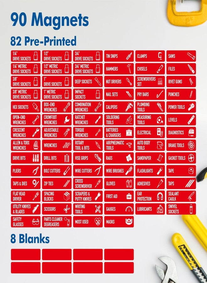 Vantasii 90 PCS Magnetic Toolbox Labels, 82 Pre-Printed & 8 Blanks Large Size Tool Chest Organizer Labels Strong Magnetic & Easy to Read Printing Fits All Brands of Steel Tool Box Drawers (Red, 3.5” x 1”) - Image 3