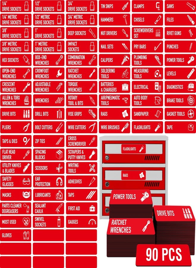 Vantasii 90 PCS Magnetic Toolbox Labels, 82 Pre-Printed & 8 Blanks Large Size Tool Chest Organizer Labels Strong Magnetic & Easy to Read Printing Fits All Brands of Steel Tool Box Drawers (Red, 3.5” x 1”) - Image 1
