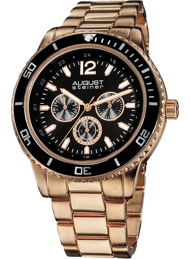 August Steiner Men Large Face Tachymeter Fashion Watch Dial With Day Of Week Date And 24 Hour Subdial On Bracelet
