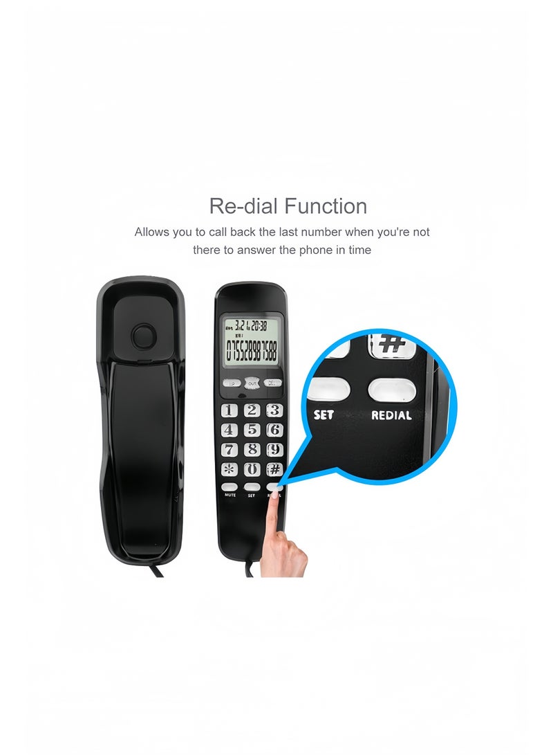 Angola Panda Mini Wired DTMF/FSK Wall-Mount Telephone with LCD Display for Caller ID, Home/Office/Hotel Landline Phone with 38-Number Memory/Redial Function (Black) - Image 4