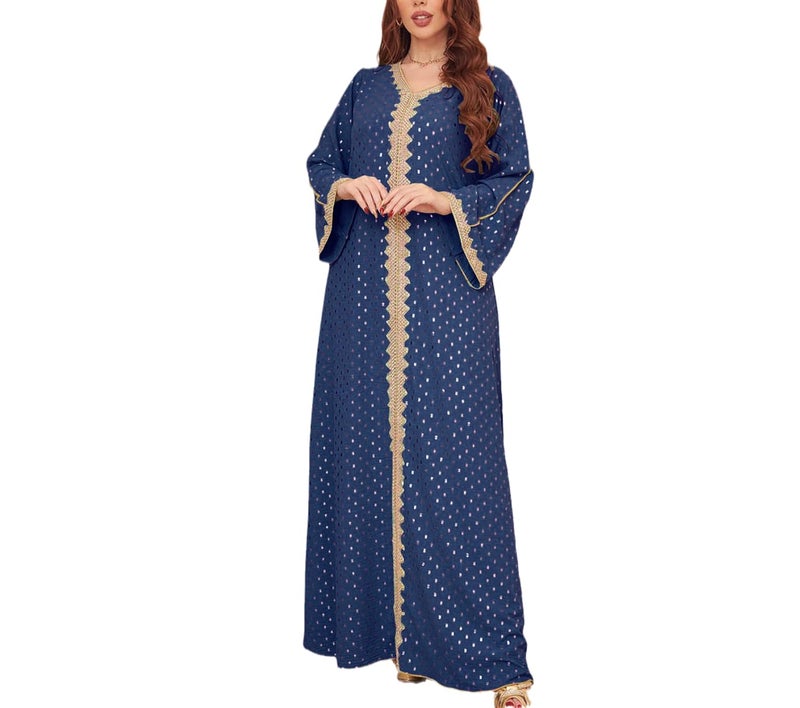 FPOVFPO Womens Muslim Abaya Dress One-Piece V Neck Bronzing Dress Islamic Full Length Kaftan Daily Casual Dress Dark Blue - Image 3