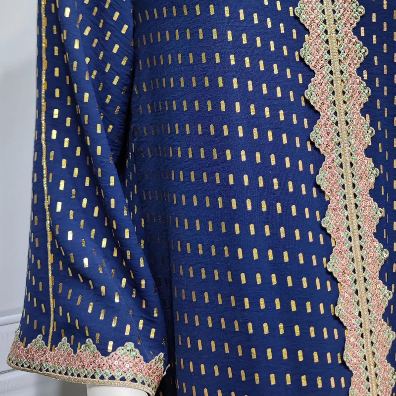 FPOVFPO Womens Muslim Abaya Dress One-Piece V Neck Bronzing Dress Islamic Full Length Kaftan Daily Casual Dress Dark Blue - Image 5