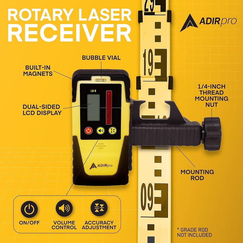 AdirPro Universal Rotary Laser Detector (LD-8) - Digital Rotary Laser Receiver with Dual Display and Built-In Bubble Level, Compatible with Most Red Rotary Lasers - Rod Clamp Included - Image 2
