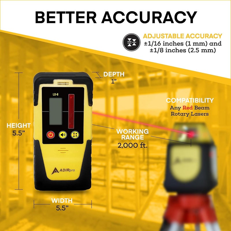 AdirPro Universal Rotary Laser Detector (LD-8) - Digital Rotary Laser Receiver with Dual Display and Built-In Bubble Level, Compatible with Most Red Rotary Lasers - Rod Clamp Included - Image 3
