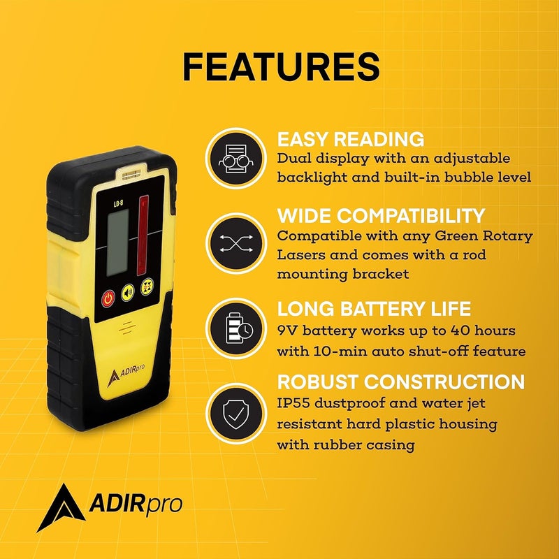 AdirPro Universal Rotary Laser Detector (LD-8) - Digital Rotary Laser Receiver with Dual Display and Built-In Bubble Level, Compatible with Most Red Rotary Lasers - Rod Clamp Included - Image 4