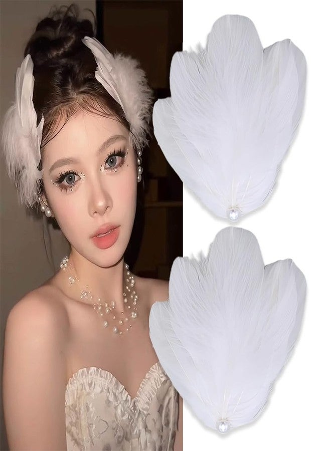 HANSAMU White Feather Hair Clip Ballet Style Pearl Ostrich White Swan Feather Hair Pins Accessories for Women Girls Bride Wedding Valentine Engagement Birthday Christmas Stage Performance Headpiece（2 PCS) - Image 1