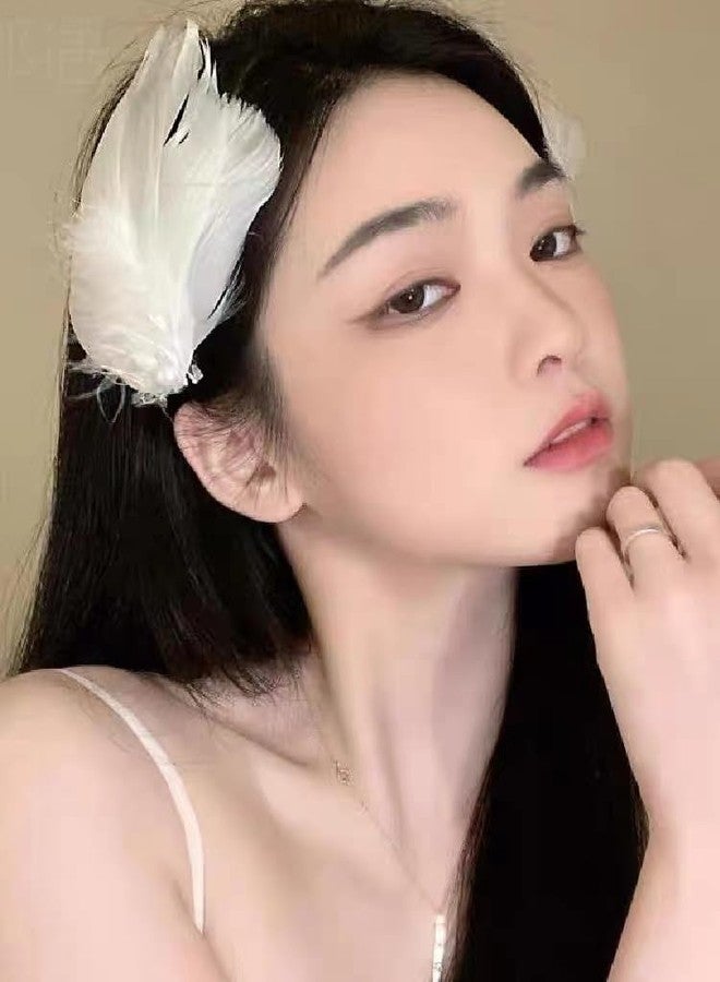 HANSAMU White Feather Hair Clip Ballet Style Pearl Ostrich White Swan Feather Hair Pins Accessories for Women Girls Bride Wedding Valentine Engagement Birthday Christmas Stage Performance Headpiece（2 PCS) - Image 5