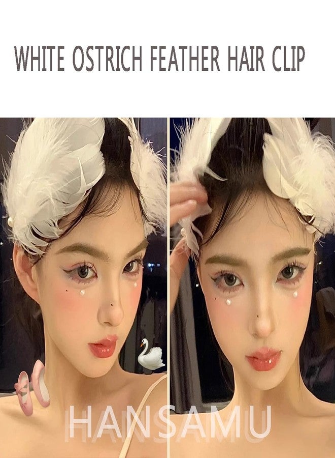 HANSAMU White Feather Hair Clip Ballet Style Pearl Ostrich White Swan Feather Hair Pins Accessories for Women Girls Bride Wedding Valentine Engagement Birthday Christmas Stage Performance Headpiece（2 PCS) - Image 3