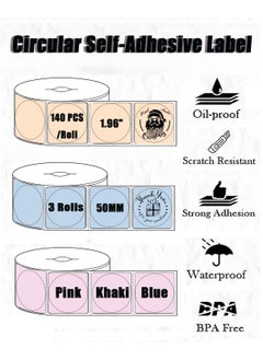 phomemo 3 Rolls Multi-Purpose Round Self-Adhesive Label for M110/ M120/ M200/ M220/ M221 Label Printer, 50x50mm, 140 Labels/Roll (Pink+Blue+Yellow)  - Image 2