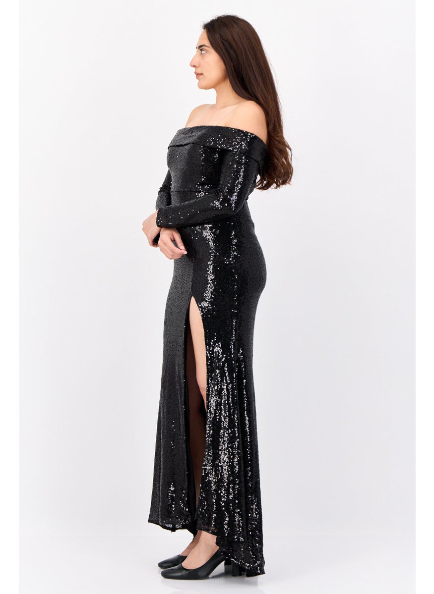 Lulus Women Sequined Maxi Dess, Black  - Image 3