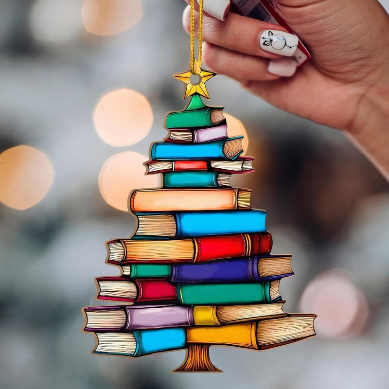 Sensemory Book Lovers Gifts for Women, Valentines Day Gifts for Teacher, Librarian, Reader, Bookworm, Book Ornament Faux Stained Glass Window Hanging, Bookish Gifts Stocking Stuffer Decor (Wooden Tree 2) - Image 2