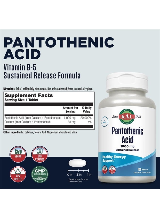 KAL Pantothenic Acid 1000mg, Sustained Release Vitamin B5 - Energy Supplements - Supports Metabolism of Carbs, Fat and Protein, Hair and Skin Health, Vegan, 60-Day Guarantee, 100 Servings, 100 Tablets - Image 2