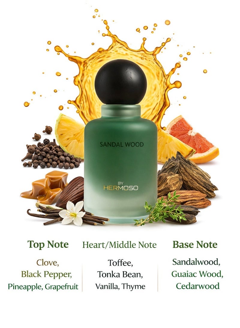 Hermoso عطر خشب الصندل، ١٠٠ مل | عطر يدوم طويلًا للرجال بنفحات خشب الصندل والفانيليا - Image 2