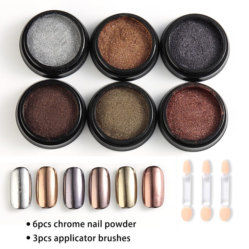 Fcozpjk Chrome Nail Powder Set - 6 Colors Rose Gold Bronze Black Chrome Nail Powder, Mirror Effect for Nails, Metallic Rubbing Dust Chameleon Glitter Pigment Flakes, Manicure Salon Supplies - Image 2