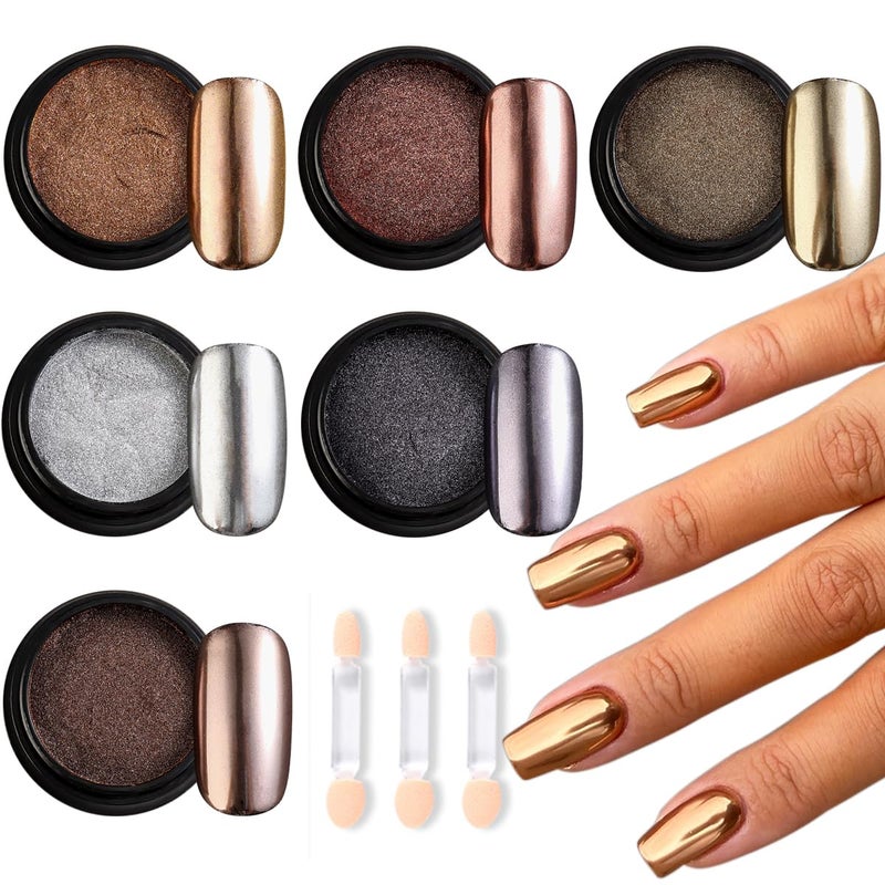 Fcozpjk Chrome Nail Powder Set - 6 Colors Rose Gold Bronze Black Chrome Nail Powder, Mirror Effect for Nails, Metallic Rubbing Dust Chameleon Glitter Pigment Flakes, Manicure Salon Supplies - Image 1