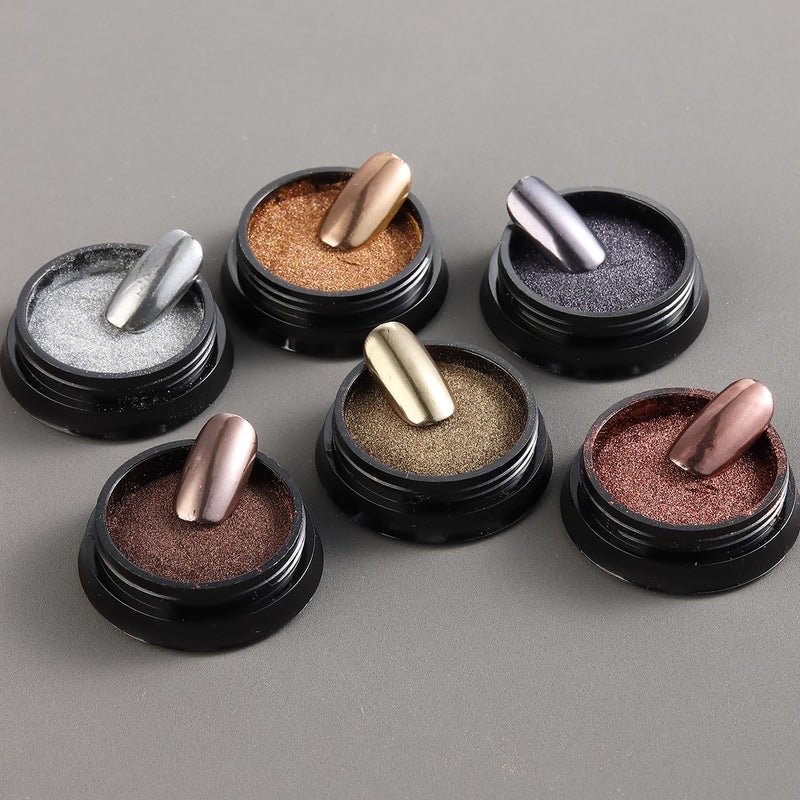 Fcozpjk Chrome Nail Powder Set - 6 Colors Rose Gold Bronze Black Chrome Nail Powder, Mirror Effect for Nails, Metallic Rubbing Dust Chameleon Glitter Pigment Flakes, Manicure Salon Supplies - Image 3