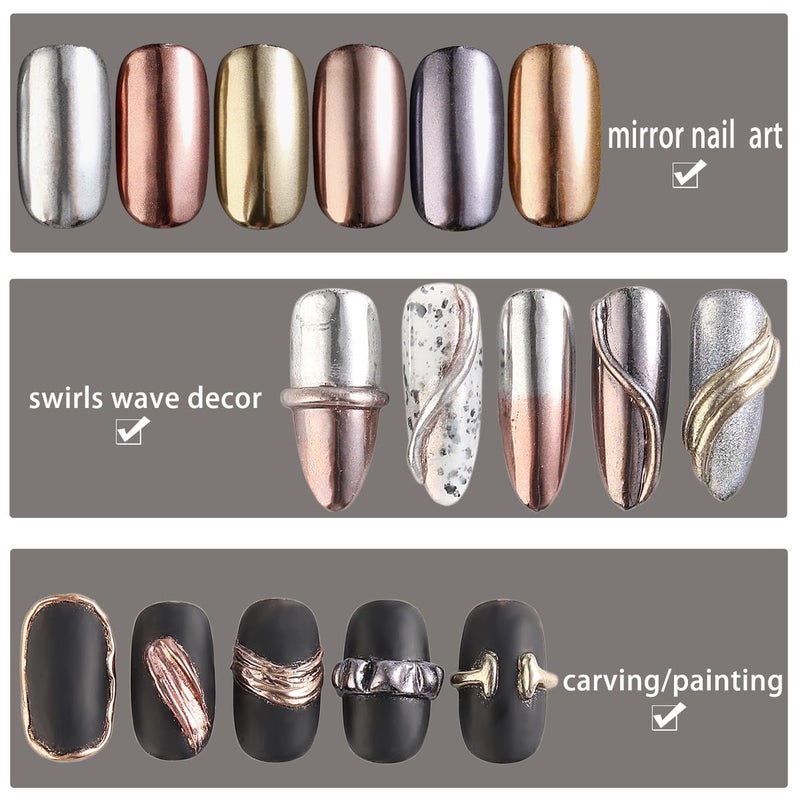 Fcozpjk Chrome Nail Powder Set - 6 Colors Rose Gold Bronze Black Chrome Nail Powder, Mirror Effect for Nails, Metallic Rubbing Dust Chameleon Glitter Pigment Flakes, Manicure Salon Supplies - Image 4